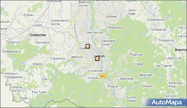 mapa Ustroń powiat cieszyński, Ustroń powiat cieszyński na mapie Targeo