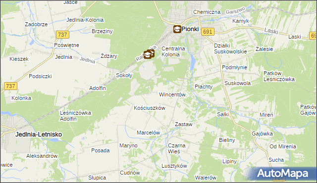 mapa Wincentów gmina Pionki, Wincentów gmina Pionki na mapie Targeo