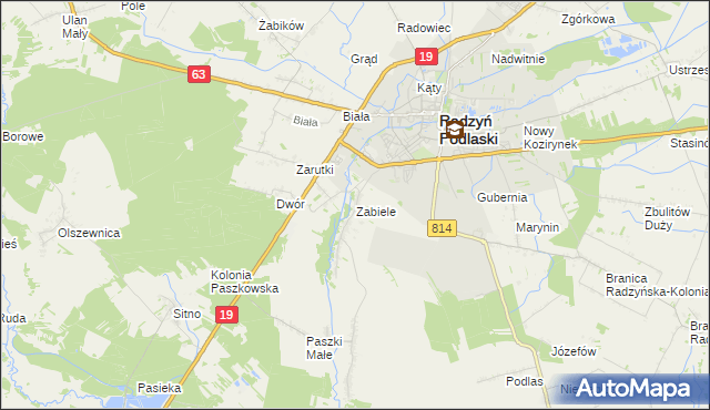mapa Zabiele gmina Radzyń Podlaski, Zabiele gmina Radzyń Podlaski na mapie Targeo