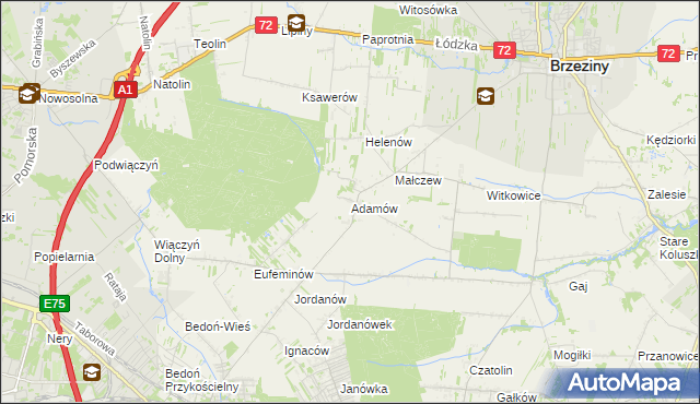 mapa Adamów gmina Brzeziny, Adamów gmina Brzeziny na mapie Targeo