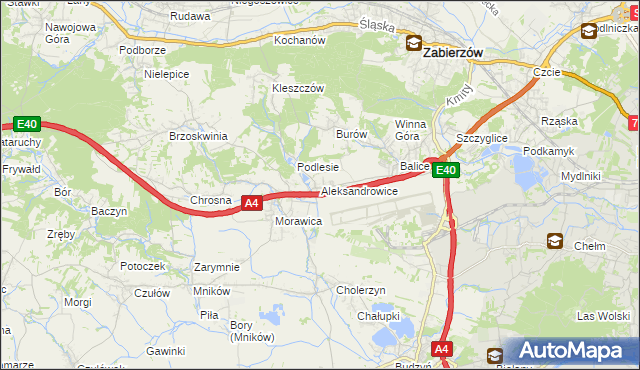 mapa Aleksandrowice gmina Zabierzów, Aleksandrowice gmina Zabierzów na mapie Targeo