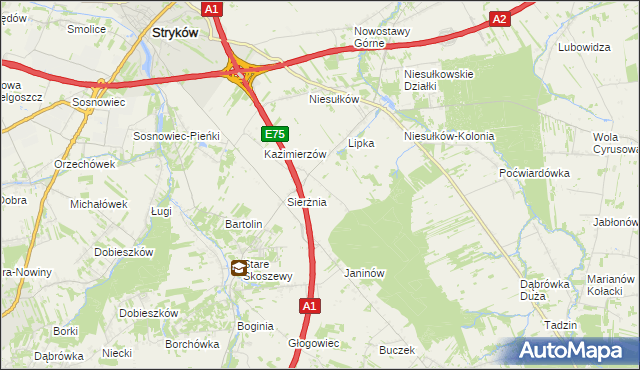 mapa Anielin gmina Stryków, Anielin gmina Stryków na mapie Targeo