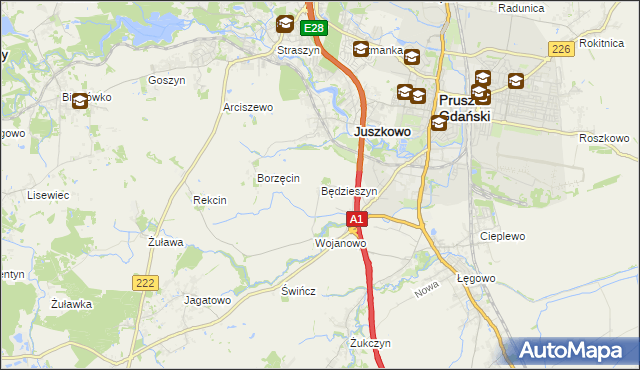 mapa Będzieszyn gmina Pruszcz Gdański, Będzieszyn gmina Pruszcz Gdański na mapie Targeo