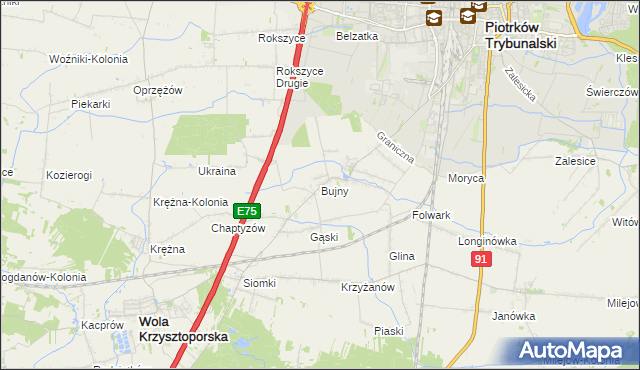 mapa Bujny gmina Wola Krzysztoporska, Bujny gmina Wola Krzysztoporska na mapie Targeo