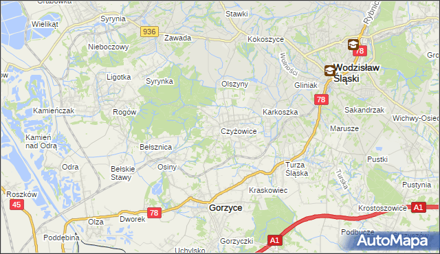 mapa Czyżowice gmina Gorzyce, Czyżowice gmina Gorzyce na mapie Targeo