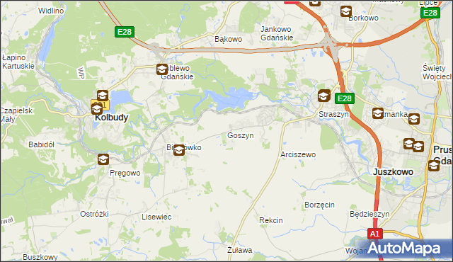 mapa Goszyn gmina Pruszcz Gdański, Goszyn gmina Pruszcz Gdański na mapie Targeo