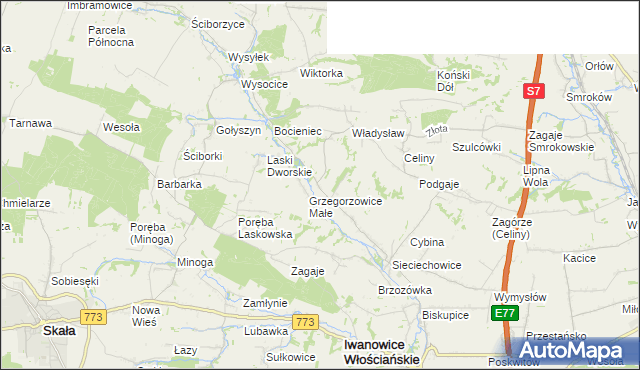 mapa Grzegorzowice Wielkie, Grzegorzowice Wielkie na mapie Targeo