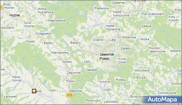 mapa Jawornik Polski, Jawornik Polski na mapie Targeo