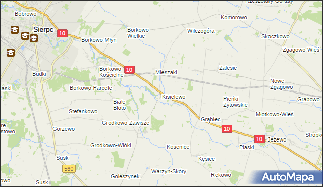mapa Kisielewo gmina Sierpc, Kisielewo gmina Sierpc na mapie Targeo