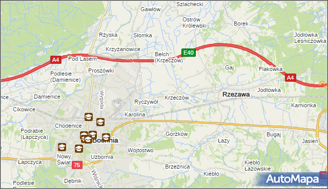 mapa Krzeczów gmina Rzezawa, Krzeczów gmina Rzezawa na mapie Targeo