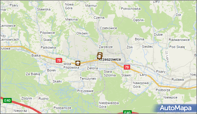 mapa Krzeszowice, Krzeszowice na mapie Targeo