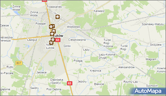 mapa Łazy gmina Łuków, Łazy gmina Łuków na mapie Targeo