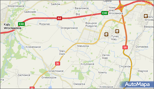 mapa Małuszów gmina Kobierzyce, Małuszów gmina Kobierzyce na mapie Targeo