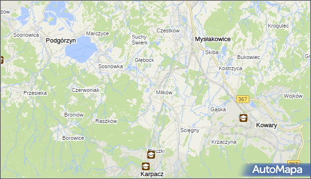 mapa Miłków gmina Podgórzyn, Miłków gmina Podgórzyn na mapie Targeo