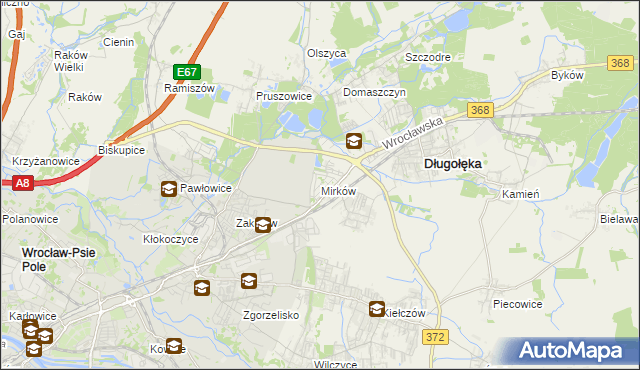 mapa Mirków gmina Długołęka, Mirków gmina Długołęka na mapie Targeo