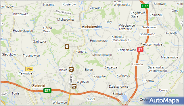 mapa Młodziejowice gmina Michałowice, Młodziejowice gmina Michałowice na mapie Targeo