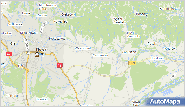 mapa Ostrowsko gmina Nowy Targ, Ostrowsko gmina Nowy Targ na mapie Targeo