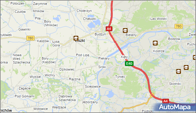 mapa Piekary gmina Liszki, Piekary gmina Liszki na mapie Targeo