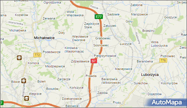 mapa Pielgrzymowice gmina Michałowice, Pielgrzymowice gmina Michałowice na mapie Targeo