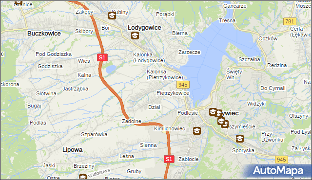 mapa Pietrzykowice gmina Łodygowice, Pietrzykowice gmina Łodygowice na mapie Targeo