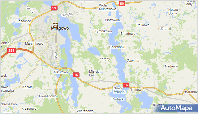 mapa Poręby gmina Mrągowo, Poręby gmina Mrągowo na mapie Targeo