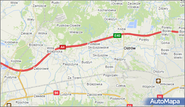 mapa Skrzyszów gmina Ostrów, Skrzyszów gmina Ostrów na mapie Targeo