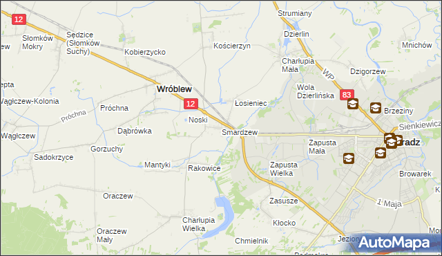 mapa Smardzew gmina Wróblew, Smardzew gmina Wróblew na mapie Targeo