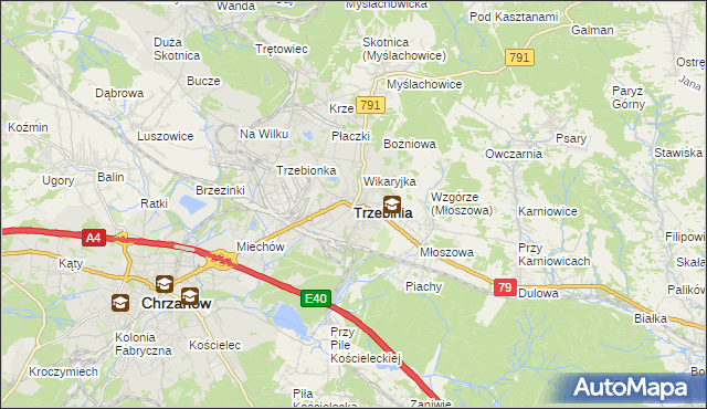 mapa Trzebinia powiat chrzanowski, Trzebinia powiat chrzanowski na mapie Targeo