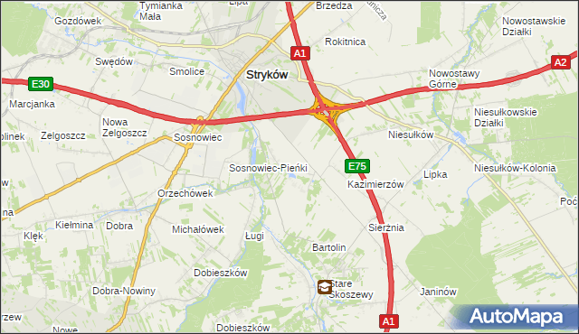 mapa Warszewice gmina Stryków, Warszewice gmina Stryków na mapie Targeo