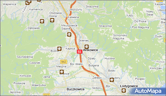 mapa Wilkowice powiat bielski, Wilkowice powiat bielski na mapie Targeo