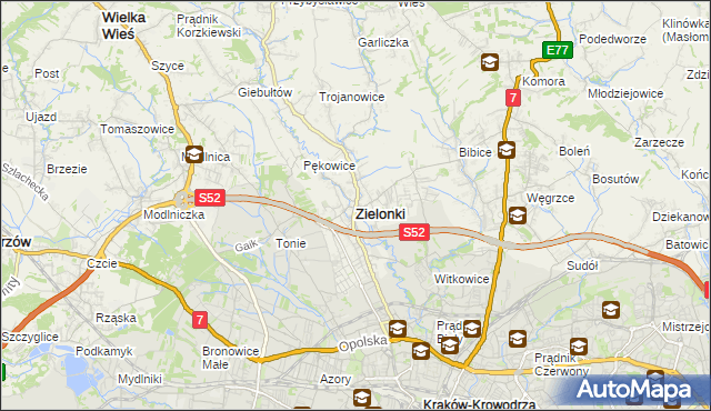 mapa Zielonki powiat krakowski, Zielonki powiat krakowski na mapie Targeo