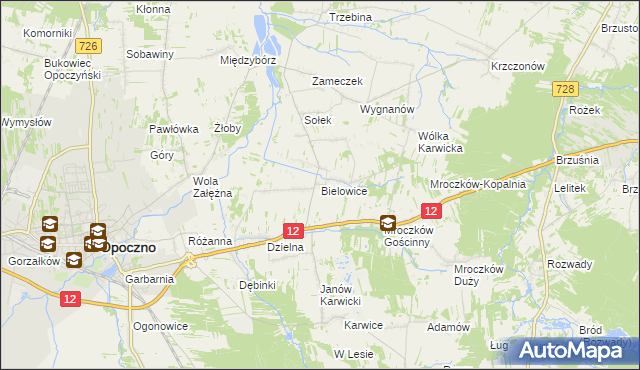mapa Bielowice gmina Opoczno, Bielowice gmina Opoczno na mapie Targeo