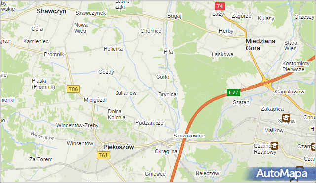 mapa Brynica gmina Piekoszów, Brynica gmina Piekoszów na mapie Targeo