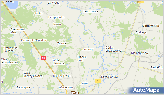 mapa Brzeziny gmina Lubartów, Brzeziny gmina Lubartów na mapie Targeo