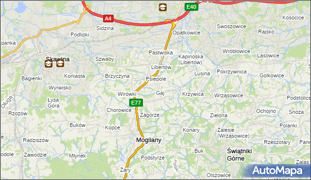 mapa Gaj gmina Mogilany, Gaj gmina Mogilany na mapie Targeo