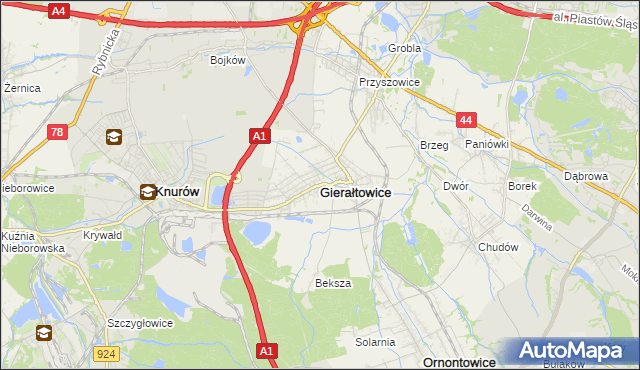 mapa Gierałtowice powiat gliwicki, Gierałtowice powiat gliwicki na mapie Targeo