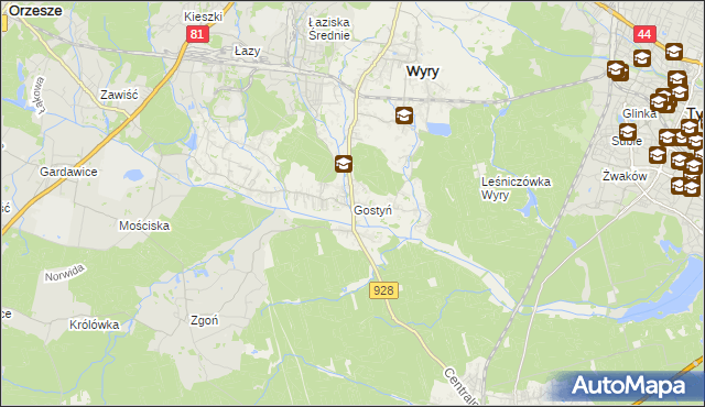 mapa Gostyń gmina Wyry, Gostyń gmina Wyry na mapie Targeo