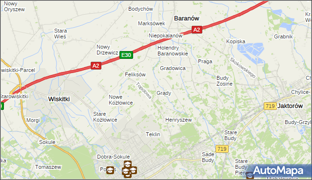 mapa Grądy gmina Jaktorów, Grądy gmina Jaktorów na mapie Targeo