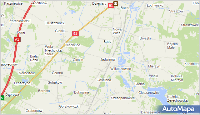 mapa Jadwinów gmina Gorzkowice, Jadwinów gmina Gorzkowice na mapie Targeo