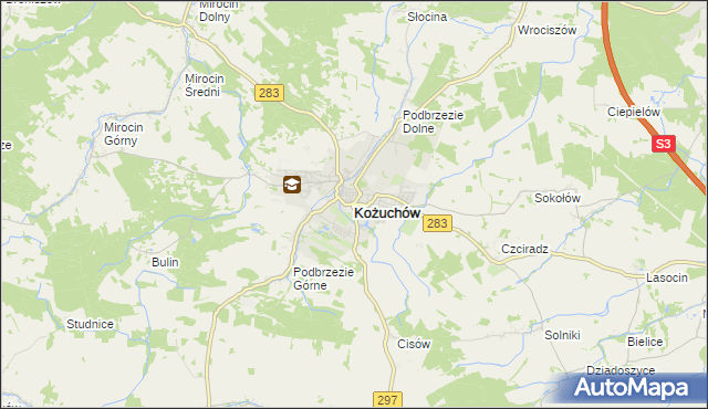 mapa Kożuchów powiat nowosolski, Kożuchów powiat nowosolski na mapie Targeo