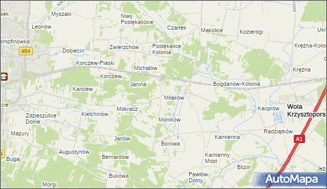 mapa Miłaków gmina Wola Krzysztoporska, Miłaków gmina Wola Krzysztoporska na mapie Targeo