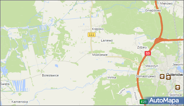 mapa Modrzewie gmina Goleniów, Modrzewie gmina Goleniów na mapie Targeo