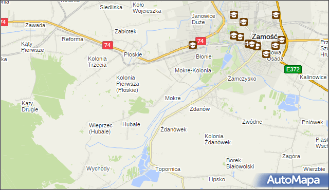 mapa Mokre gmina Zamość, Mokre gmina Zamość na mapie Targeo