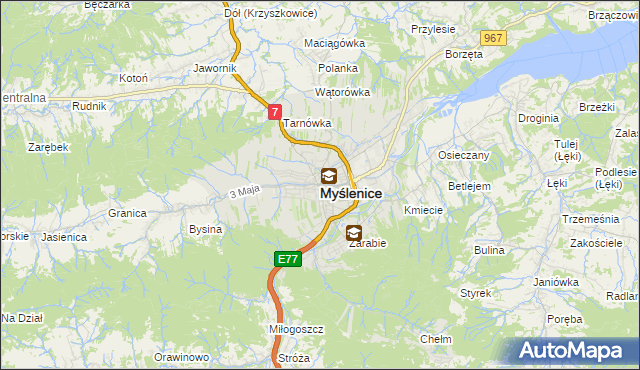 mapa Myślenice, Myślenice na mapie Targeo