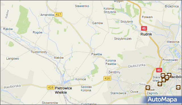 mapa Pawłów gmina Pietrowice Wielkie, Pawłów gmina Pietrowice Wielkie na mapie Targeo