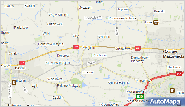 mapa Płochocin gmina Ożarów Mazowiecki, Płochocin gmina Ożarów Mazowiecki na mapie Targeo