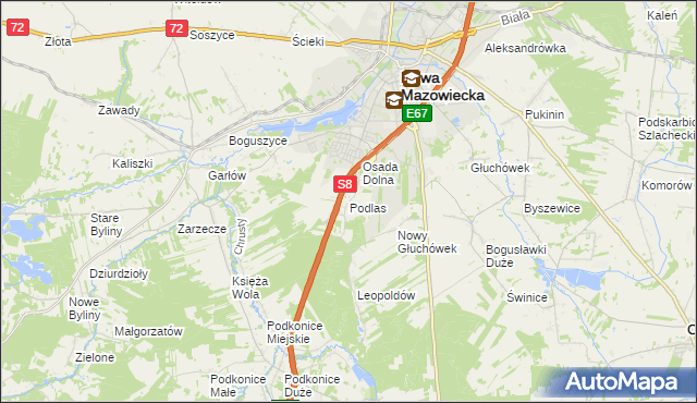 mapa Podlas gmina Rawa Mazowiecka, Podlas gmina Rawa Mazowiecka na mapie Targeo