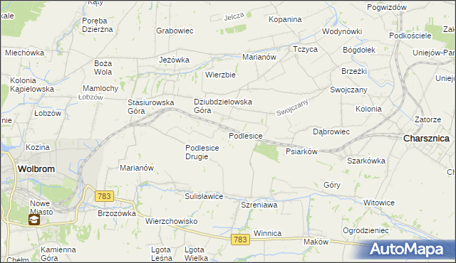 mapa Podlesice gmina Charsznica, Podlesice gmina Charsznica na mapie Targeo