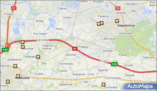 mapa Podłęże gmina Niepołomice, Podłęże gmina Niepołomice na mapie Targeo