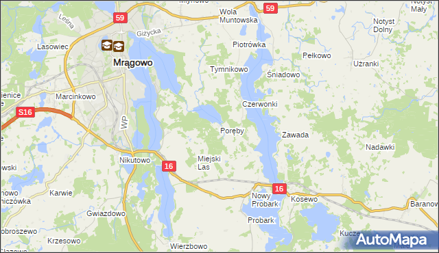 mapa Poręby gmina Mrągowo, Poręby gmina Mrągowo na mapie Targeo